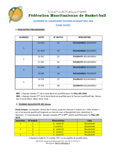CALENDRIER ZONE NORD 2018