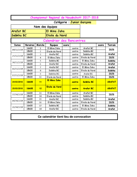 calendrier juniors