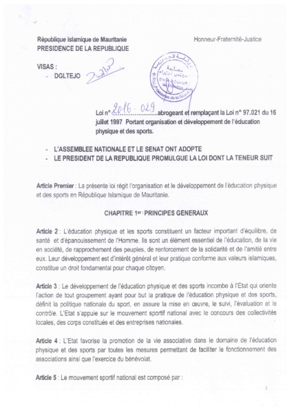Loi 2016-029 du29 juillet 2016 sur le dév du sport Loi signée