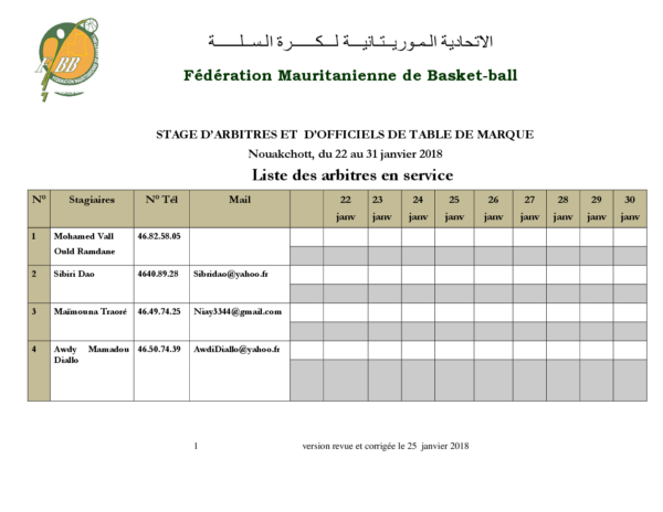 Liste Stages Arbitres n°2