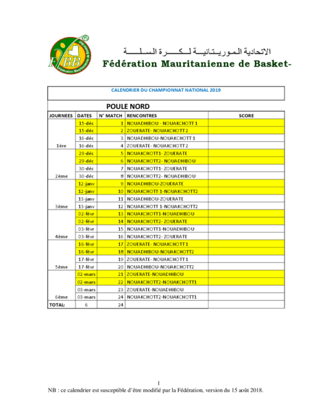 CALENDRIER DU CHAMPIONNAT NATIONAL 2019 WORD